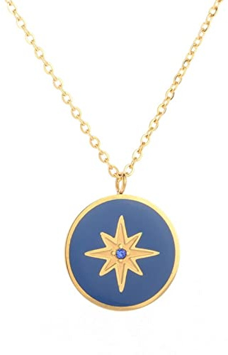 STANG Collar con Colgante Redondo de brújula de Estrella de Ocho Puntas Vintage Chapado en Acero de Titanio Regalo de joyería Exquisita para Mujer de Oro de 18 Quilates