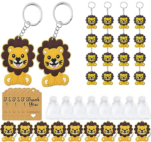 Norhogo 30 Pezzi Mini Portachiavi di Animali con Etichette Kraft e Sacchetti di Organza Bianca - Bomboniere per Compleanno Festa Bambini Leone