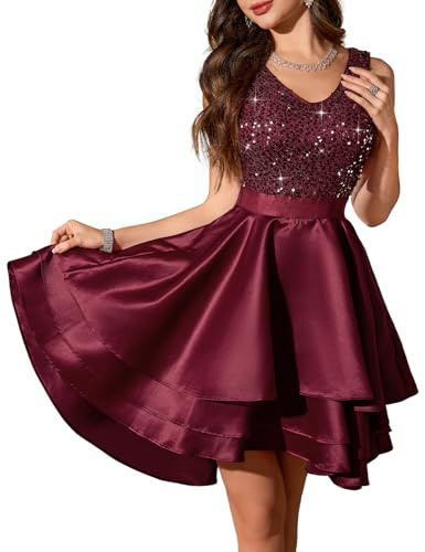 Meetjen Robe d'invité de Mariage pour Femme Robes de Soirée Cocktail Scintillante Col en V Satin Haute et Basse Ligne A