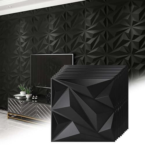 HAILM 3D-Wandpaneele, 19,7 x19,7 PVC wasserdichte Diamant Strukturierte Tapete, Moderne Dekor Wandfliesen für Wohnzimmer Schlafzimmer Hotel Büro, 12 Pack/3 SQM, Band Nicht Enthalten,Schwarz