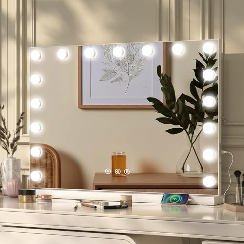 Ereousa Specchio Trucco con Luci, 3 modalità Luce, 80 x 62 cm Specchio Trucco, Durevole Specchio con Luci Make Up, Specchio Make Up con 17 Lampadine LED