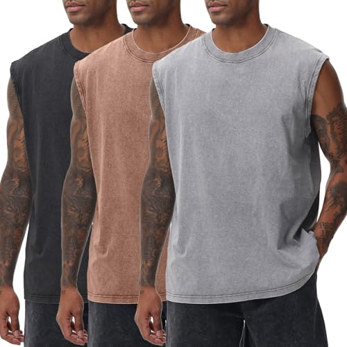 SnowElve 3 Pack Mens Workout Tank Tops Sleeveless Tee Shirts Men Muscle Shirt Gym Acid Wash T Shirts Running Beach Loose Fit Tee(CFGYBK,XL)