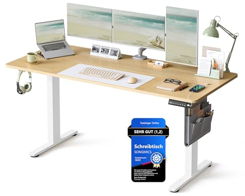 SONGMICS Elektriskt skrivbord, höjdjusterbart, 160 x 70 cm, steglös reglering, 4 minneshöjder, USB-C-port, gyllene ek LSD136Y01