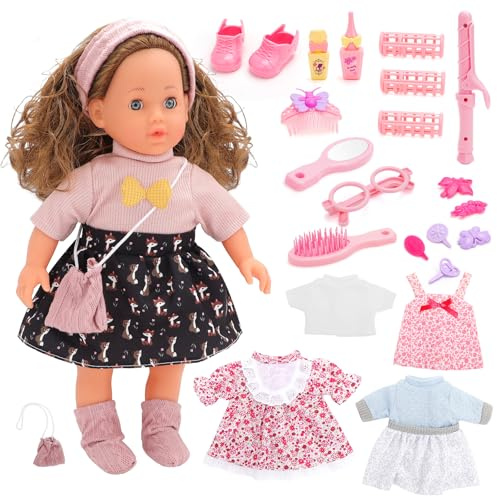 deAO Babypuppen-Spielset mit Zubehör, 38cm Puppe mit 4 Outfits und Puppenzubehör Spiegel Lockenstab Kamm Haaren Tolles Rollenspiel-Spielzeug für Mädchen ab 3 Jahre