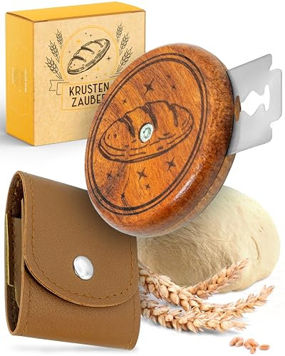 KRUSTENZAUBER Teigmesser für Brot mit Holzgriff inkl. 5 Klingen –UFO Bäckermesser für perfekte Kruste & kreative Brotmuster– Brot Einschneidemesser Sauerteig – Ideal als Geschenk für Hobbybäcker