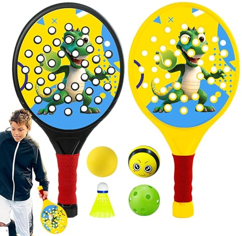 DzpKrka Raqueta De Tenis para Niños | Palas De con Diseño De Dinosaurios Tiernos 2 Palas - Accesorios Deportivos Portátiles con 4 Pelotas para Actividades Al Aire Libre En Parques Infantiles