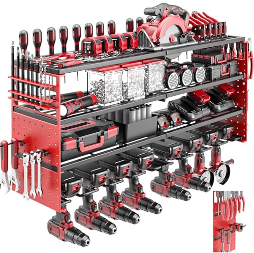 ODSNANIE Organisateur mural outils électriques,support tournevis latéral | 4 niveaux,8 porte-perceuses,Capacité de 320 livres,Crochets réglables,Roug,Étagère à outils pour garage ou atelier