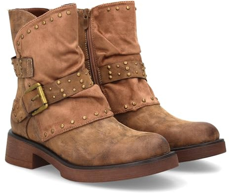 shoes&blues.es 96764 Bota de Mujer Estilo Biker, Temporada Otono Invierno. Tachuelas metalicas y Doble Correa con Hebilla Ajustable. Marron Talla 40