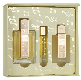 Lattafa Angham 3-Piece Perfume Gift Set – 100ml Eau De Parfum, 12ml Travel Spray & 50ml Hair Mist | Floral, Sweet, Long-Lasting Arabic Fragrance
