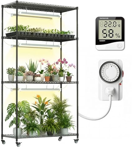 ZOYOYES Soporte para plantas con luces de cultivo, estante para plantas de 4 niveles, 6 juegos de luces LED de 3 colores con temporizador, estante ancho para plantas para jardinería interior, inicio