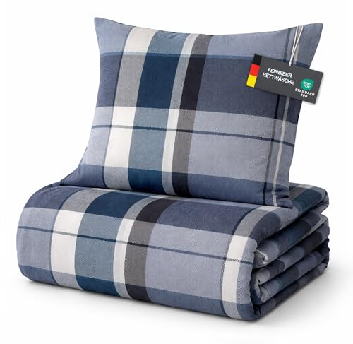 Bestlivings Ropa de cama de franela fina, 2 piezas, color azul (cuadros), 155 x 220/80 x 80 cm, funda nórdica con cremallera, cálido, suave, certificado Öko-Tex 100