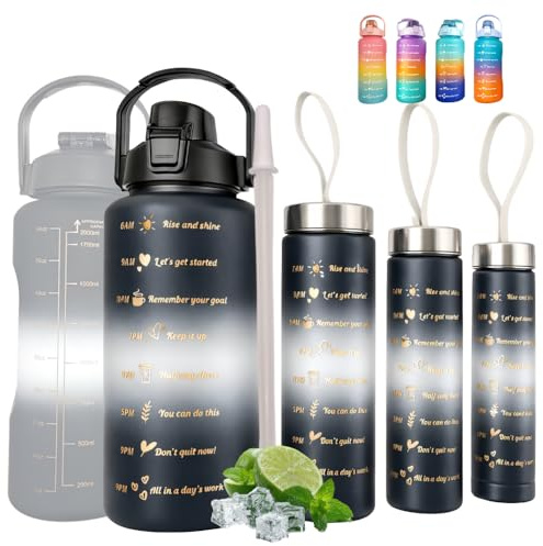 EXGO Lot 4 Gourdes Motivation 4en1 Empilables 2L 900ml 600ml 300ml, Set Bouteille Eau Sport sans BPA avec Marqueur de Temps et Paille, Gourde Étanche, Fitness, Gym, Yoga, Randonnée, Camping, Bureau
