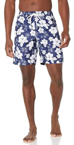 Amazon Essentials Bañador de 23cm con Forro de Malla, Bolsillos y Cierre con Cordón Hombre, Azul Marino Hibisco, M