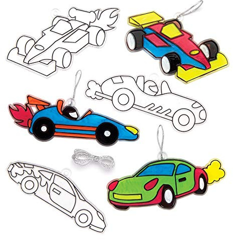 Baker Ross AW572 Racing Car Suncatchers, Glass Painting Kits for Kids, Clear, Pack of 8, Pieces