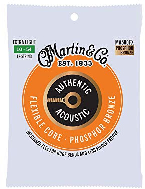 Martin Authentic Acoustic Guitar Strings, Flexible-Core Extra Light Set, 10-27, 10-54 92/8 Phosphor Bronze, 12 String