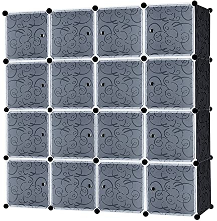 YUENFONG Organizador de armario para bricolaje, sistema de estantería, sistema de estantes de plástico para ropa, zapatos, juguetes y libros (16 cubos con puerta)