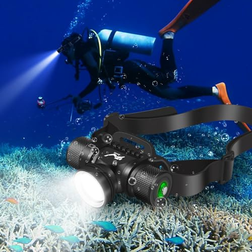 WINDFIRE Scuba Diving Light, Long Range Diving Flashlight Headlamp, 5 Modes Dive Flashlight, Ultra Bright IPX8 Waterproof Underwater 80 Meters Safety Snorkeling Head Light with Power Indicator