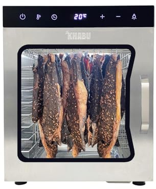 Kalahari Khabu - Deshidratador de alimentos y gabinete de secado de acero inoxidable – 10 bandejas grandes, 5 varillas colgantes, con control de temperatura de 20-90 °C, perfecto para secar biltong,