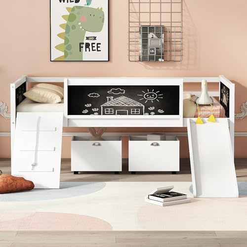 Low Loft Bed Twin Size with Slide & Climbing Frame & Two Storage Boxes & Chalkboard,Kids Wooden Loft Bed Frame with Safety Guardrails,Playhouse Beds with Under-Bed Play Area for Boys Girls,White