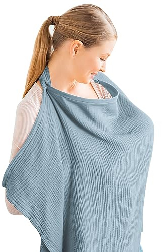 Konssy muslin amningsöverdrag för baby amning, andningsbart 100% bomull amningsöverdrag med styv ring för mamma amningsförkläde, multianvändning bilsäte, baldakin (blå)