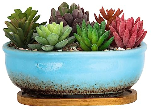 ARTKETTY Maceta Rectangular de 20 cm para Plantas de Interior, Maceta de cerámica para bonsái con Bandeja de Drenaje, Maceta pequeña para el hogar, jardín, Ventana