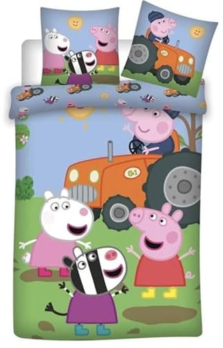 Peppa Pig - Children's Reversible Cotton Bed Linen Set at the Tractor Farm - Duvet Cover 140 x 200 cm Pillowcase 50 x 70 cm