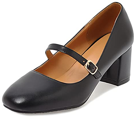 Gicoiz Hommes Femmes Basic Bout Carré Mary Jane Bloc Chaussures Comy Bride Cheville Travail Robe Large Fit Bridal Escarpin PU Noir Taille 44 EU-46Cn