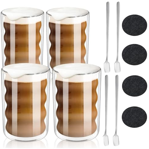 GARPROVM Tazzine Latte Macchiato, 450ml bicchieri da caffè a doppia parete 4 Pezzi, tazzine da caffè espresso cappuccino tè, bicchieri in vetro termico, 4 cucchiai + 4 sottobicchieri