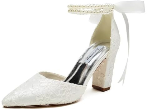 Jotwry Lace Wedding Shoes for Bride Block Heel Pointed Toe Wedding Heels Pearl Bridal Shoes, Ivory 8.5cm, 7 UK
