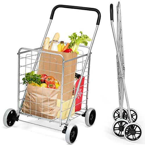 COSTWAY Hopfällbar shoppingvagn, inköpsvagn på hjul, 45 kg belastbar, 83 l, bärbar handvagn, rullvagn, universalvagn för tvätt, shopping och bagage (silver)