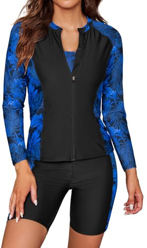SHEKINI Damen 3 Teiliger Langarm Rash Guard Reißverschluss Schwimmshirt Surfshirt Weste Badeanzug Sicherheits Sporty Schwimmanzug(S,Schwarz/Blaues Blatt)