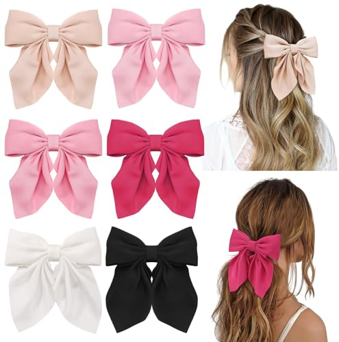 6Pcs Hair Bows for Women, Bow Hair Clips, Silky Satin Hair Bows for Girls, Pink Hair Ribbon, Cute Bow Clips for Women, Hair Accessories Gifts