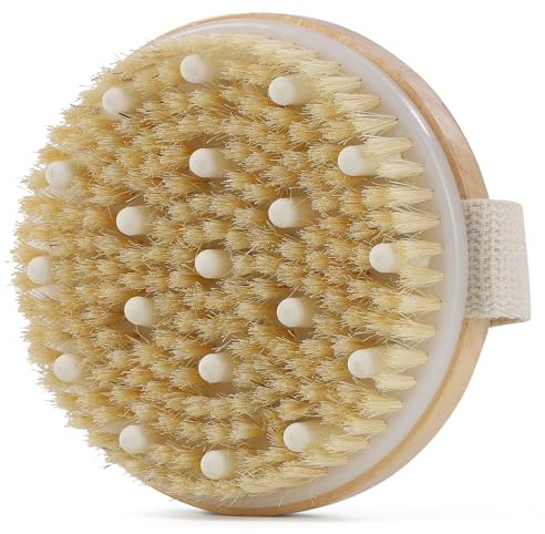 Cepillo de baño redondo exfoliante en seco, cepillo de madera con nódulos de masaje y fibras de cerdas para piel muerta, celulitis y linfático