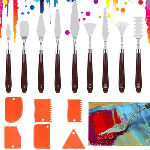 TOKSEO Lot de 15 spatules spatule en acier inoxydable 9 pièces, outil de peinture avec grattoir 6 pièces, spatule acrylique pour peinture à l'huile, gouache, aquarelle, peinture sur rocc