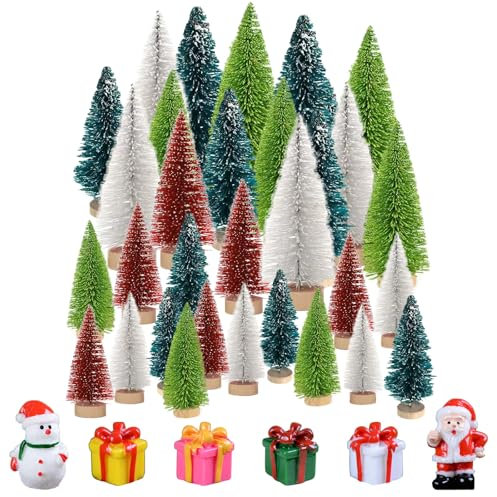 BXYIIGRU 41 Stück Mini Weihnachtsbaum Künstlicher Klein Tannenbaum Grün Rot Miniatur Weihnachts Baum mit Schneeeffekt Christbaum Holzsockel für Tischdeko, Schaufenster, DIY(4.5/6.5/8.5cm)
