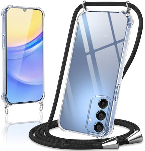 Coiwxmoi Coque avec Cordon pour Samsung Galaxy A15 5G 6,5, Collier Réglable Téléphone Étui Portable Lanyard Case Transparent Souple Silicone TPU Housse Antichoc Protection Cover, Noir