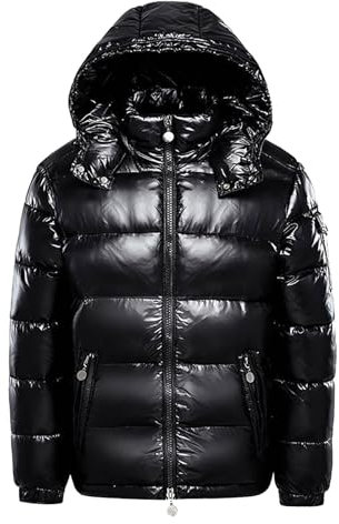 Duanminxi Schwere Gesteppte Glänzende Daunenjacken for Herren Daunenjacken mit Kapuze for Herren Pufferjacke mit Durchgehendem Reißverschluss Wasserabweisende Winddichte Jacke Warme Einfarbige