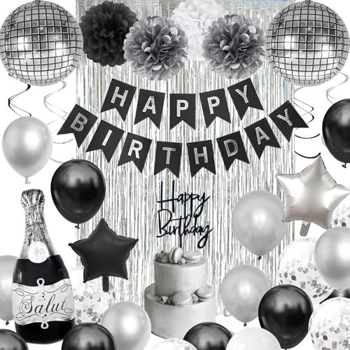 Geburtstagsdeko Mann, Deko Geburtstag mit Happy Birthday Girlande Schwarz, Luftballons Schwarz Weiß, Konfetti Silber Balloon,Discokugel Luftballon,Tissue Papier Poms für Mann Geburtstag Party
