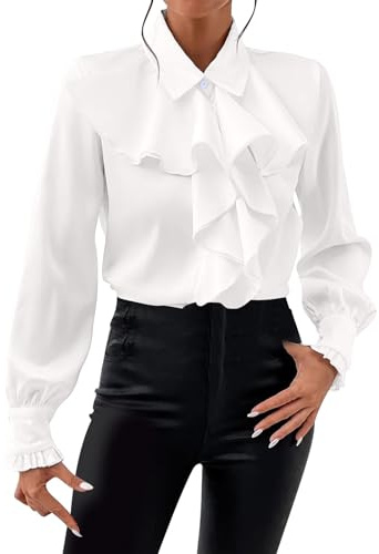 Satin Shirt Top For Women Bow Tie Ruffle Layered Decoration Shirt Women's Tunic Tops Long Sleeve Collar V Neck Button Down Ruffle Blouse Victorian Shirts Tops Casual Ladies Blouses T-shirts Formal Top