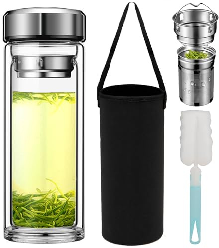 Pauzema 600ml Doppelwandige Glas Teeflasche mit 2 in 1 Edelstal Sieb to go, 20oz Tea bottle 100% dicht