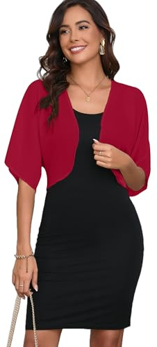 Dosieyeo - Bolero da donna in chiffon, elegante, leggero e arioso, con maniche a 3/4, giacca sottile da indossare con un abito, top, rosso vivo, XXL