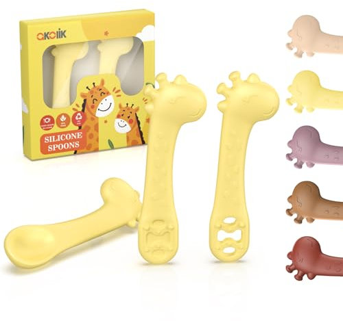 akolik Cucchiaino Silicone Neonato, Cucchiaio Giraffa per Bambini 4-6+ Mesi, Senza BPA, 3 Pezzi, Giallo Combinazione