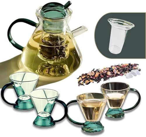 Ktchnhlprz Premium Teeservice aus Borosilikatglas mit 4 Tassen, elegantes & modernes Design mit grünen Applikationen und herausnehmbaren Sieb, spülmaschinenfest, 500ml + á 125ml, für losen Tee, 7-tlg.