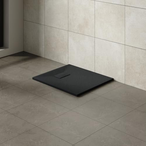 Aquariss SMC Anti Slip Rectangular 900 x 700 mm Wetroom Shower Tray Black | Slate Effect Shower Tray, Slimline, Bathroom Wet Room Shower Cubicle Base, for Walk In Shower Door, Durable