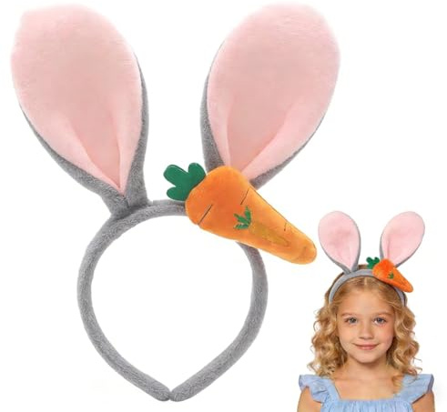 Reccisokz Bandeau en Peluche,Serre-TêTe Oreilles De Lapin Douce Avec DéCoration De Carotte, Pour Carnaval, Pâques,Anniversaires, Cosplay, Cadeaux Pour Les Filles(Gris)