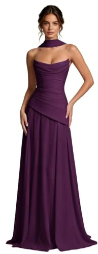 Vestidos largos de gasa sin tirantes para dama de honor para boda con bufanda, morado, 54 Grande
