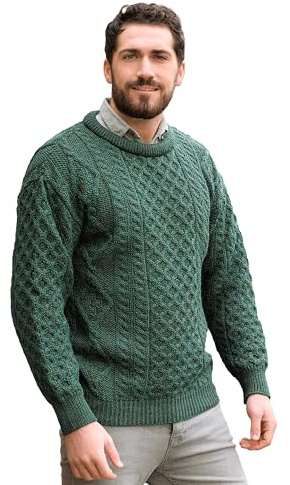 Aran Crafts Irish Soft Cable Knitted Wool Crew Neck Unisex Sweater (C1347-LARGE-MOSS)
