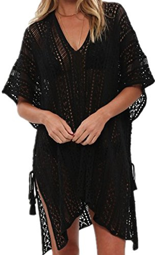 YouKD Dam, hålstickad tunika, virkade toppar, strandponcho, sommar, strand, cover up-klänning, B svart, One Size Stor