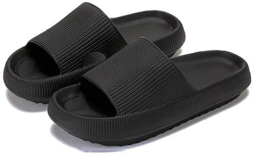 rosyclo Cloud Slides for Women and Men, Pillow House Slippers Super Soft Comfy Non-Slip Massage Bathroom Shower Shoes Cloud Cushion Slide Sandals for Indoor Outdoor, Black