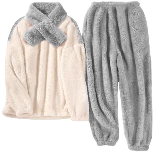 TOMEEK Damen Schlafanzug Set Winter Kuscheliger Polar Fleece Freizeitanzug mit Langarm-Oberteil Hose und Schal Gemütliche Nachtwäsche PJS für Frauen, Grau, M